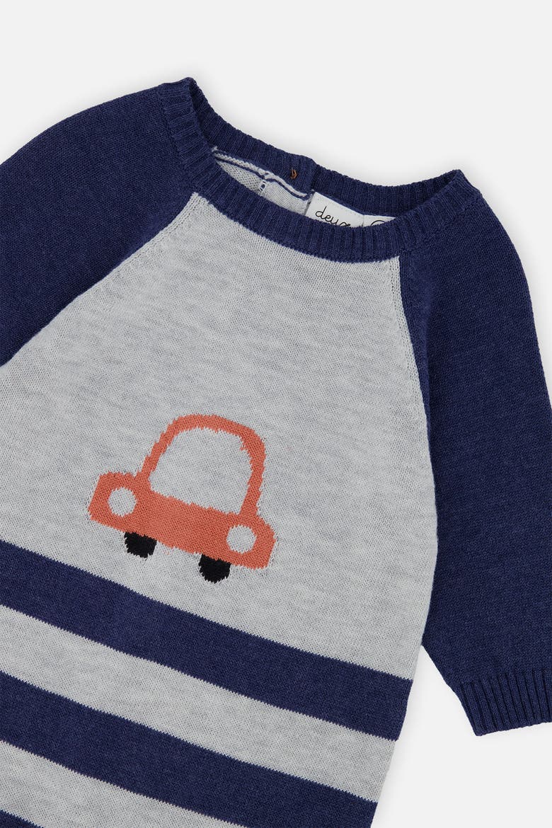 Knitted Intarsia Car Raglan Sleeve Romper, Alternate, color, Blue and Orange