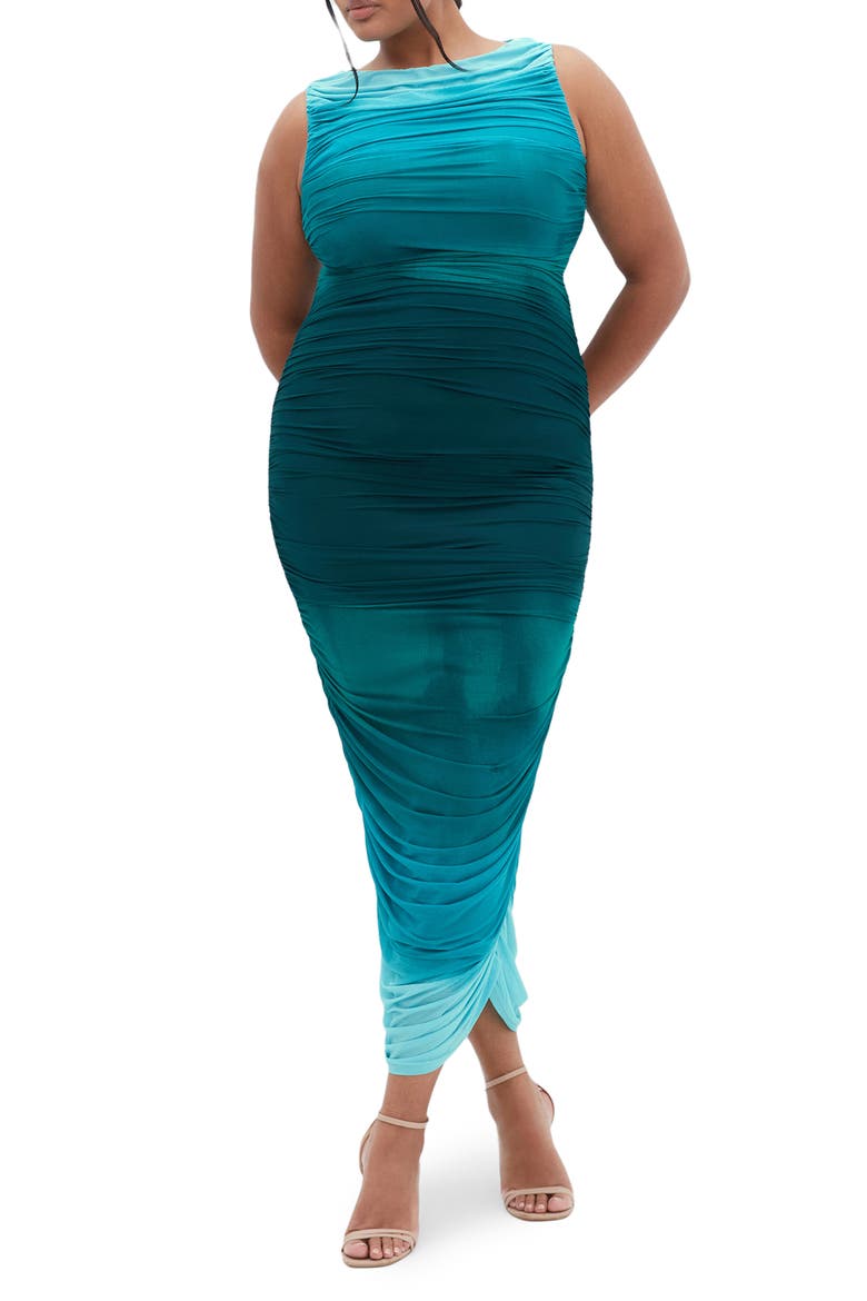 Halo Ombré Ruched Sleeveless Maxi Dress, Main, color, SEA OMBRE
