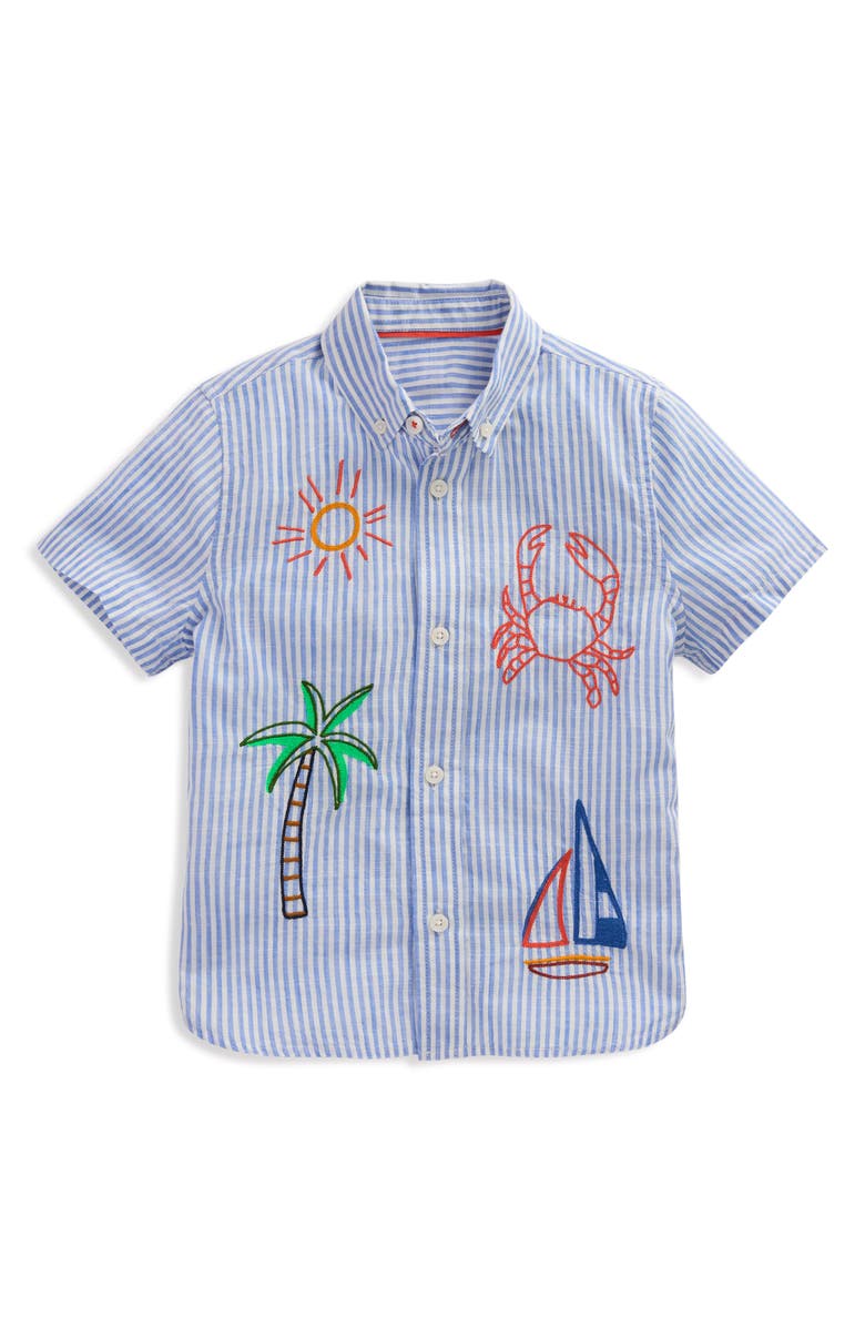 Mini Boden Kids' Embroidered Short Sleeve Button-Down Shirt, Main, color, Sea Side Embroidery