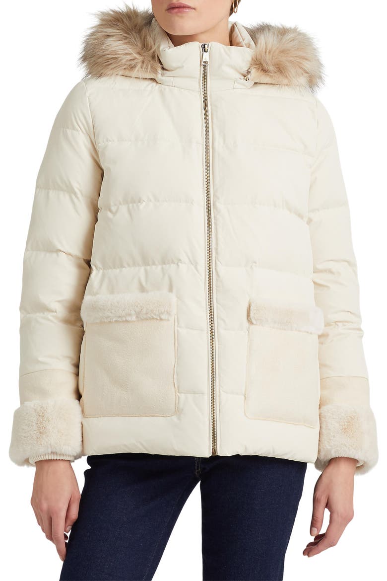 Down & Feather Puffer Jacket with Faux Fur Trim, Main, color, MODA CREAM