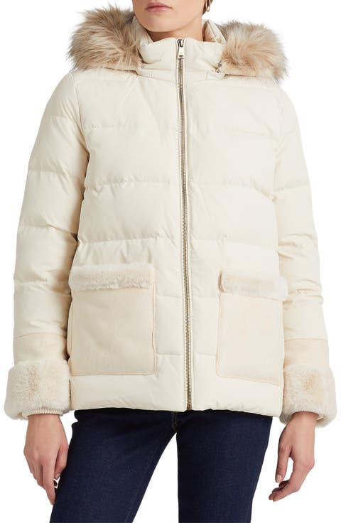 Down & Feather Puffer Jacket with Faux Fur Trim