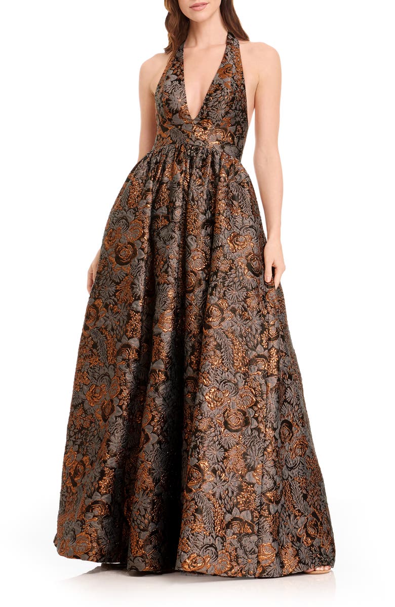 Dress the Population Christina Metallic Floral Jacquard Plunge Halter Neck Gown, Main, color, Bronze Multi