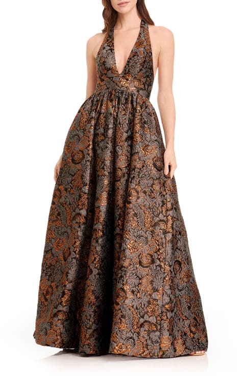 Christina Metallic Floral Jacquard Plunge Halter Neck Gown