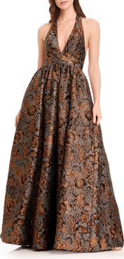 Dress the Population Christina Metallic Floral Jacquard Plunge Halter Neck Gown