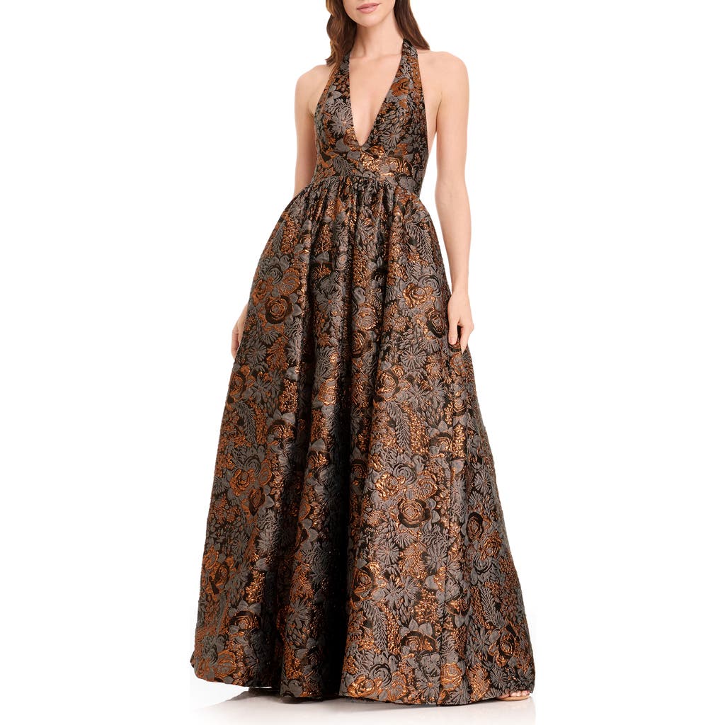 Dress The Population Christina Metallic Floral Jacquard Plunge Halter Neck Gown In Brown