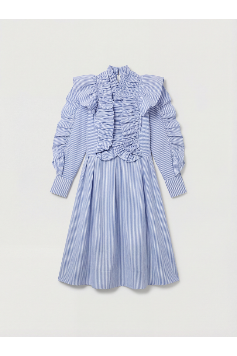 High Neck Pleated Ruffle Midi Dress, Alternate, color, Stripe