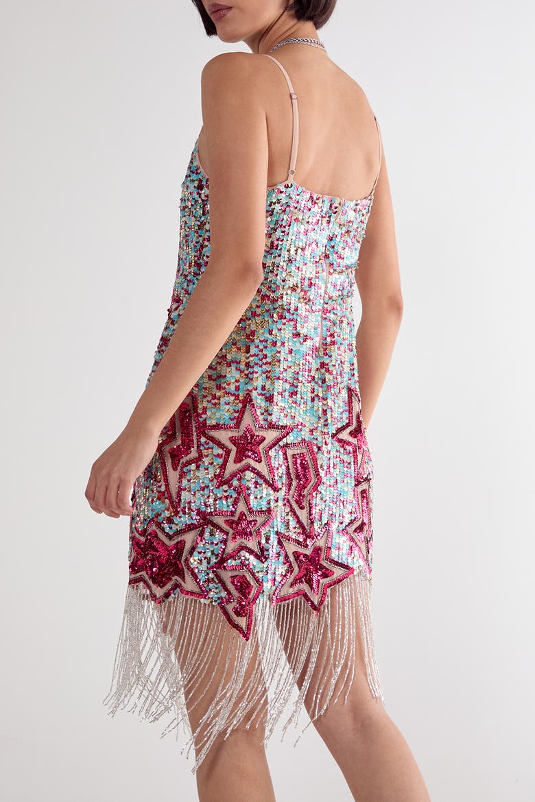Star Embellished Tassel Hem Mini Dress, Alternate, color, Turquoise