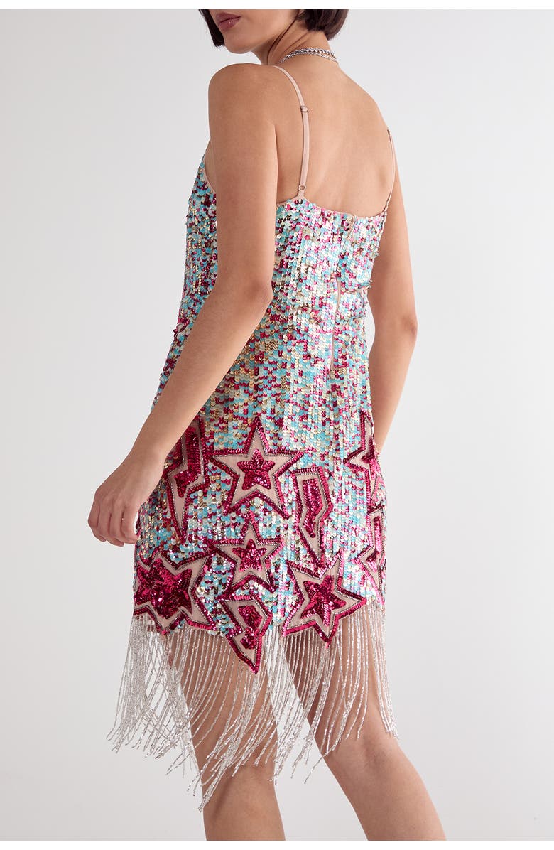 NASTY GAL Star Embellished Tassel Hem Mini Dress, Alternate, color, Turquoise