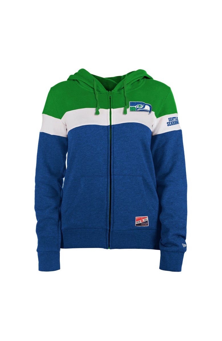 New Era Women's New Era College Navy/Neon Green Seattle Seahawks Throwback Colorblock Full-Zip Hoodie, Alternate, color,