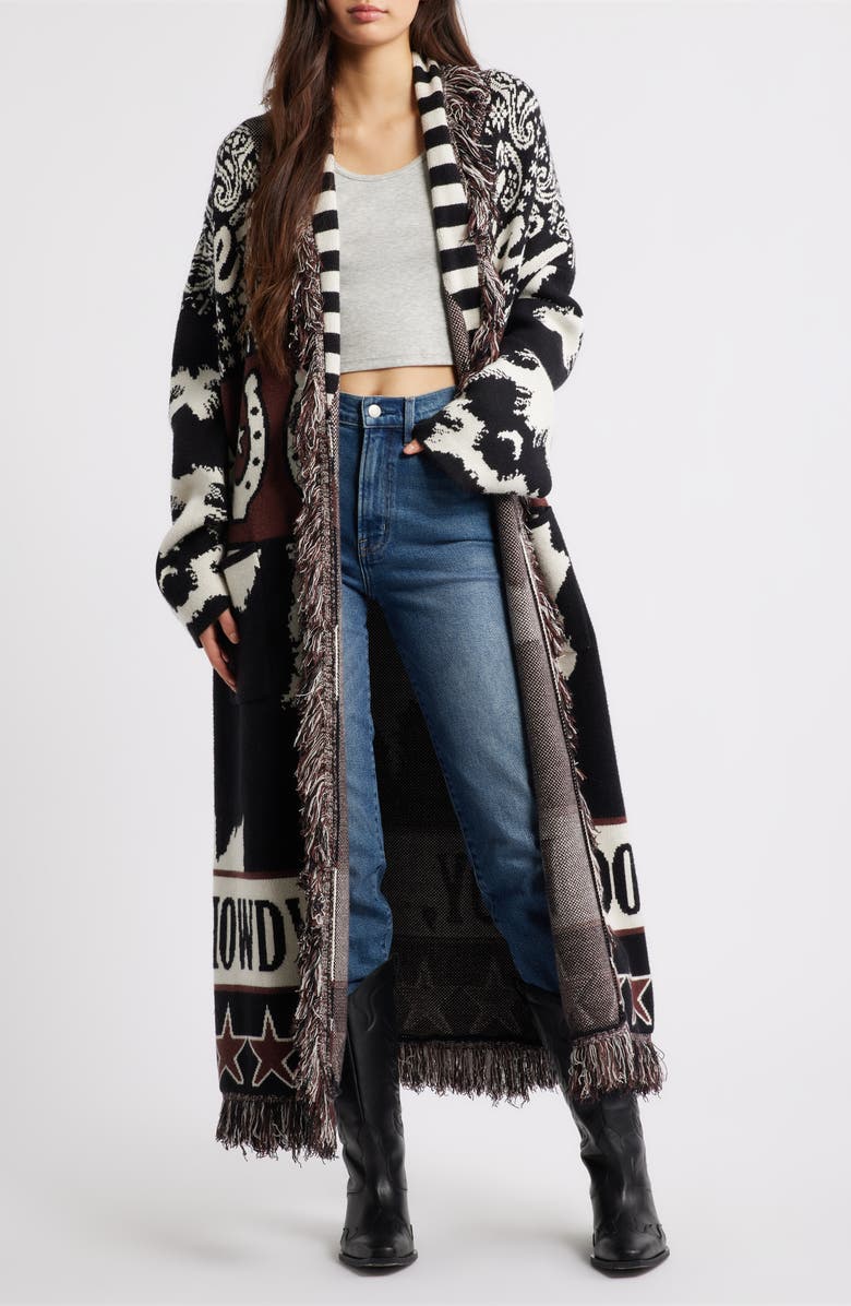 Dressed in Lala Howdy Cowboy Jacquard Longline Cardigan, Main, color, Black