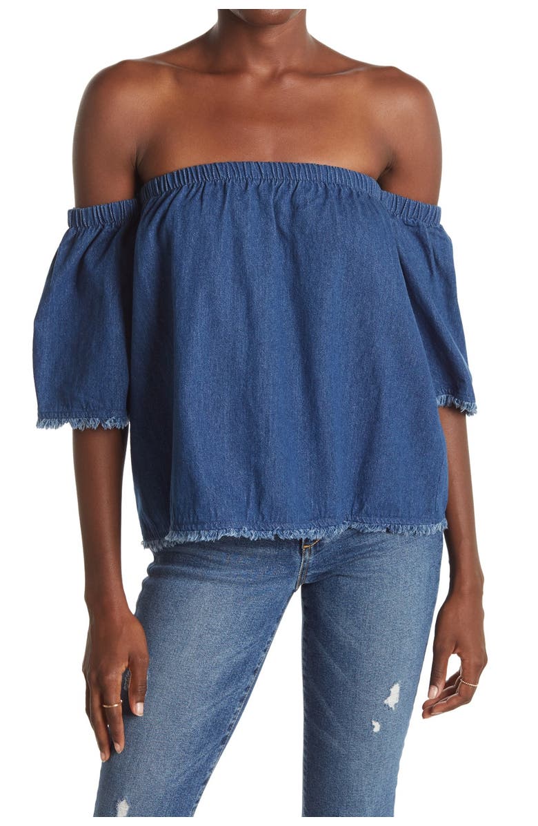 J.O.A. Off the Shoulder Cotton Denim Top, Alternate, color,
