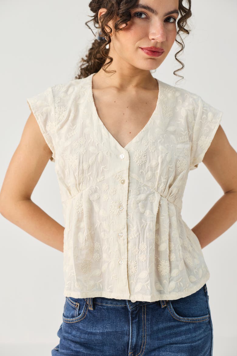 Embroidered Deep V-Neck Cotton Top, Alternate, color, Embroidered  Cotton White