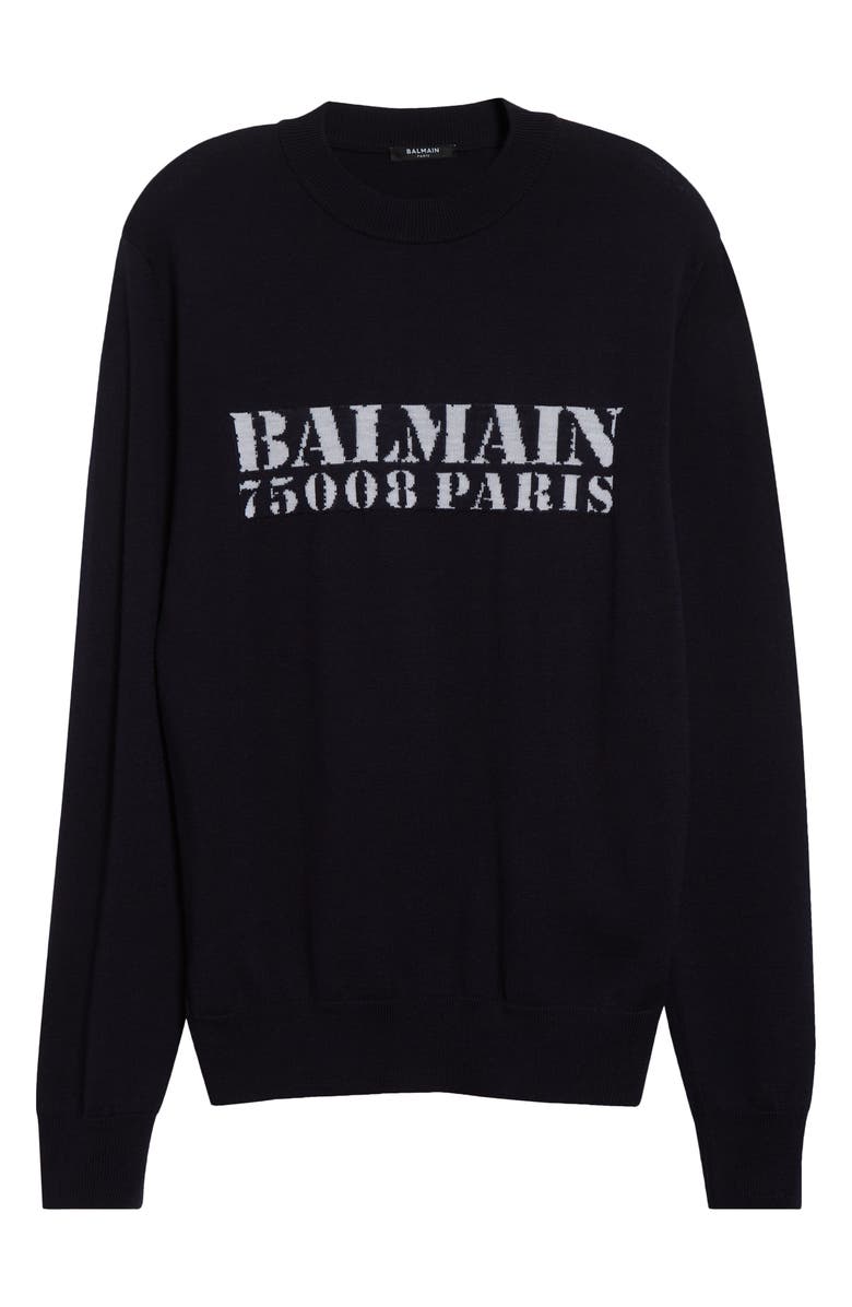 Balmain Stamp Logo Jacquard Merino Wool Sweater, Alternate, color, Navy/ White