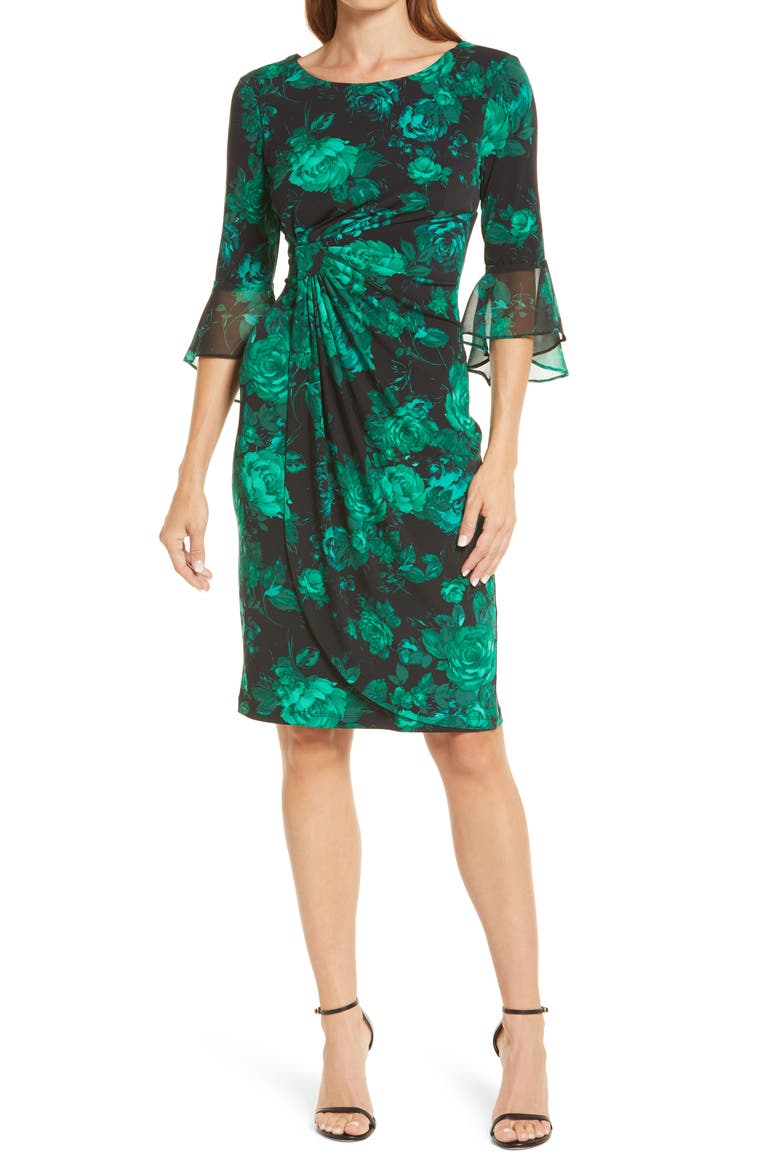 Floral Chiffon Bell Sleeve Dress, Main, color, EMERALD