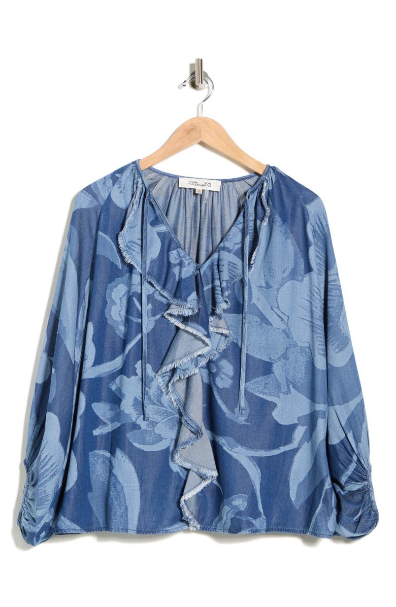 Diane von Furstenberg Nicky Floral Balloon Sleeve Chambray Top, Main, color, Dancing Rose Giant Tonal