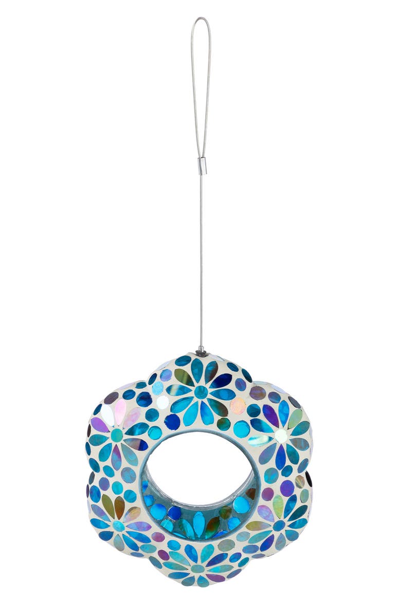 Glitzhome 8.5"D Glass Flower Shaped Hanging Mosaic Birdfeeder, Alternate, color, Blue