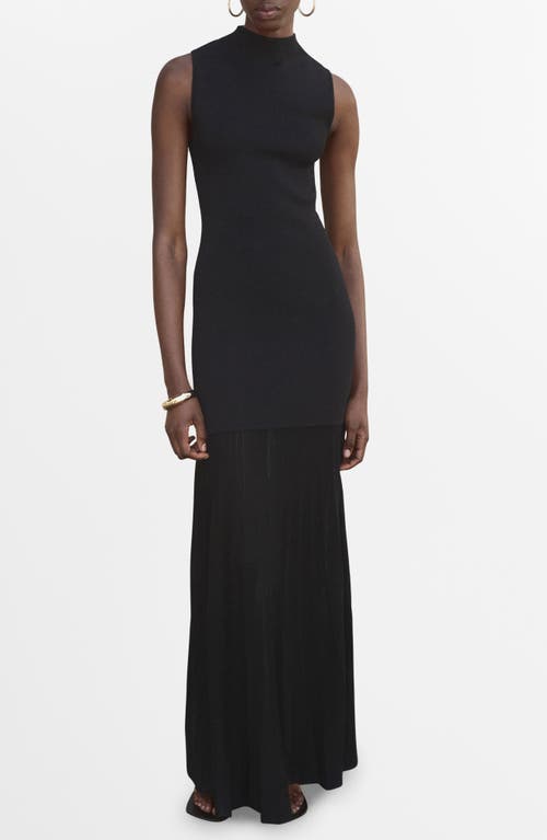 Mango Long Knitted Dress With Perkins Neck Black In Black