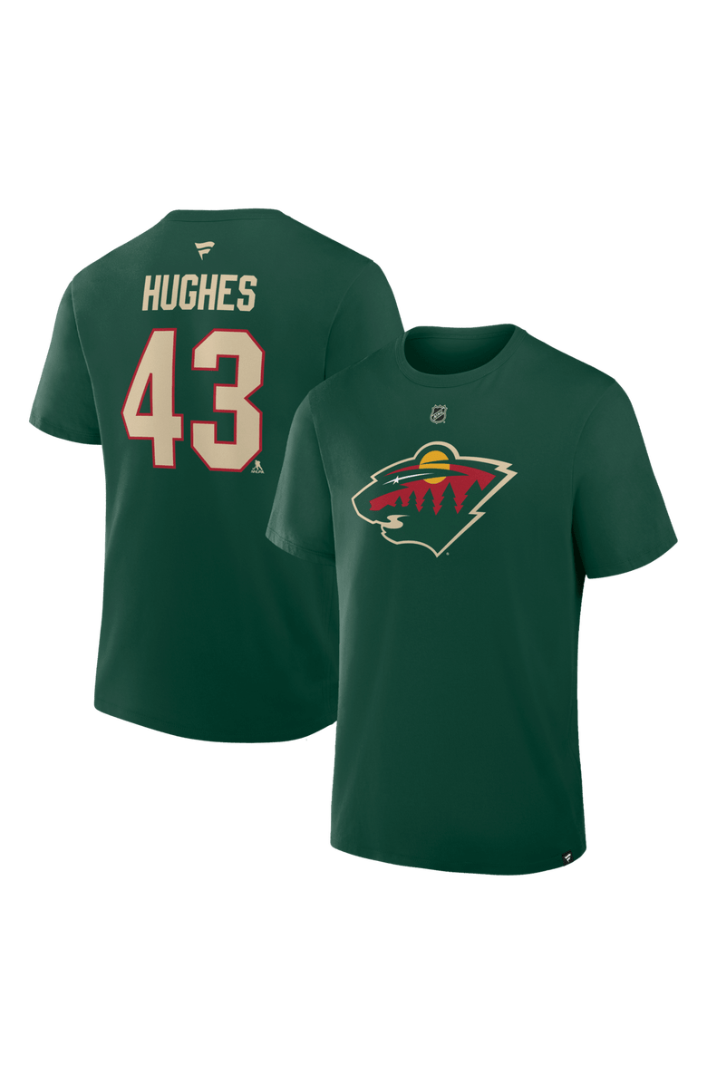 FANATICS Men's Fanatics Quinn Hughes Green Minnesota Wild Authentic Stack Name & Number T-Shirt, Main, color, Green