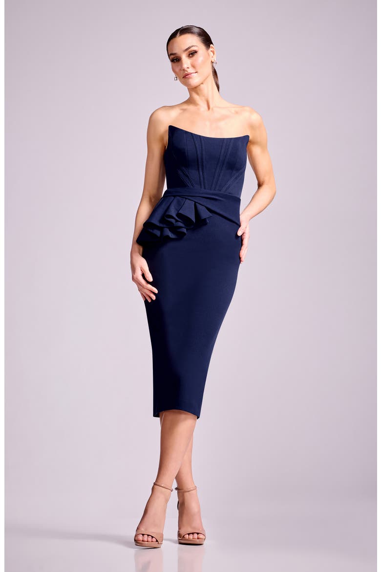 Teddi Strapless Corset Bodice Body-Con Cocktail Midi Dress, Alternate, color, NAVY