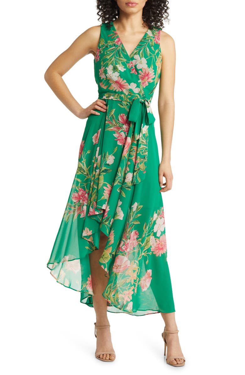 Eliza J Floral Surplice V-Neck High-Low Maxi Dress, Main, color,