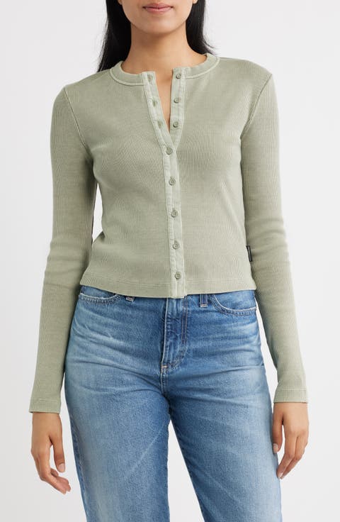 Rib Knit Stretch Cotton Button Up Top