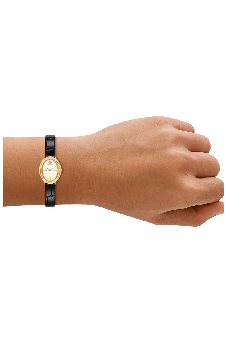 The Oval Leather Strap Watch, 22mm x 28mm, Alternate, color, BLACK/ GOLD