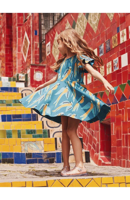 Tea Collection Flutter Sleeve Twirl Dress In Blue & Yellow Macaws