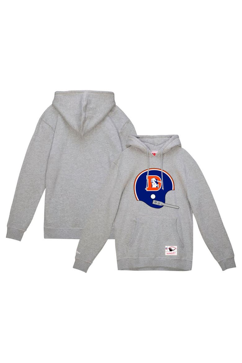 Men's Mitchell & Ness Heather Gray Denver Broncos Helmet Logo Vintage Pullover Hoodie, Main, color, Heather Gray