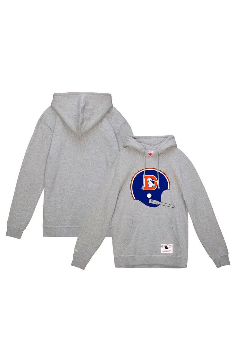 Mitchell & Ness Men's Mitchell & Ness Heather Gray Denver Broncos Helmet Logo Vintage Pullover Hoodie, Main, color,