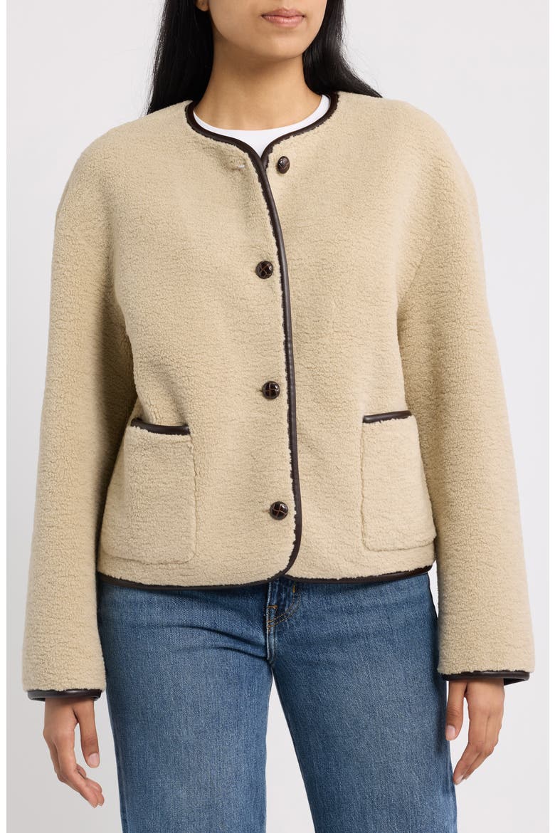 Faux Shearling Jacket with Faux Leather Trim, Alternate, color, BROWN