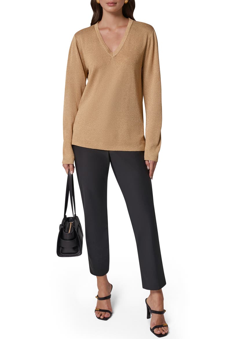 Metallic V-Neck Rib Sweater, Alternate, color, GOLD