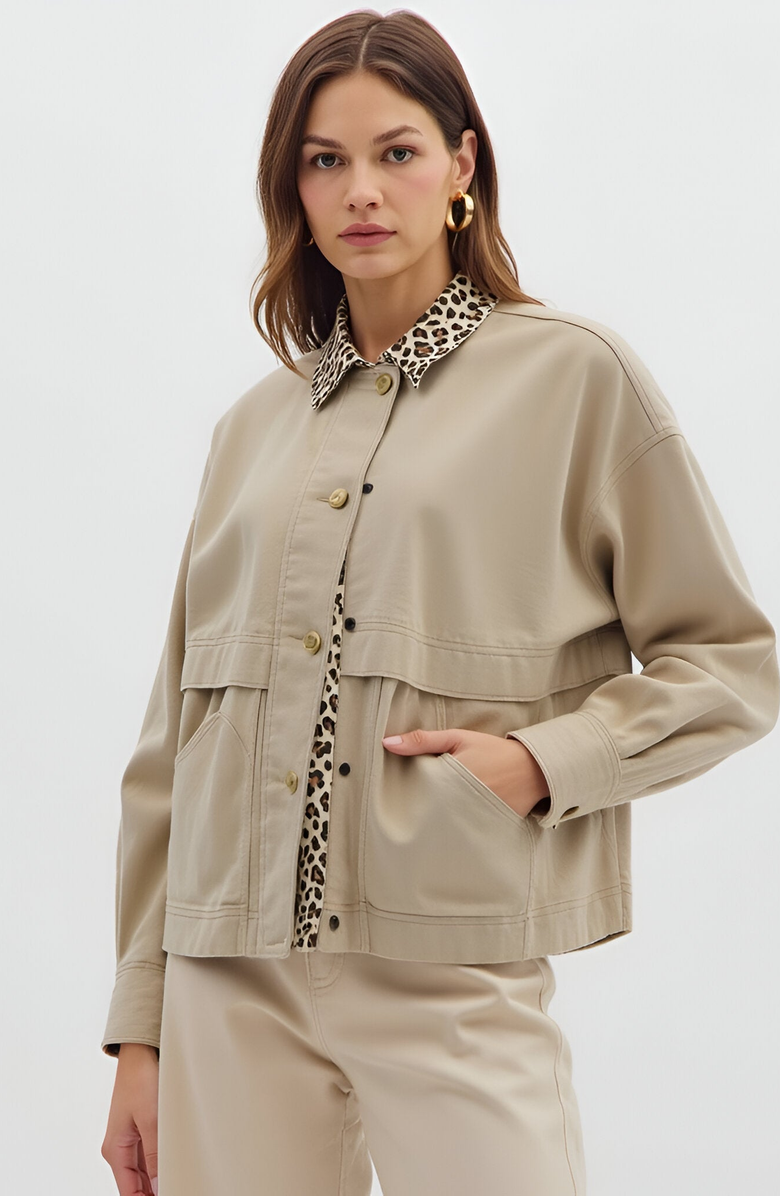 Modenaire Cropped Utility Jacket with Leopard Collar, Alternate, color, Beige / Leopard Print