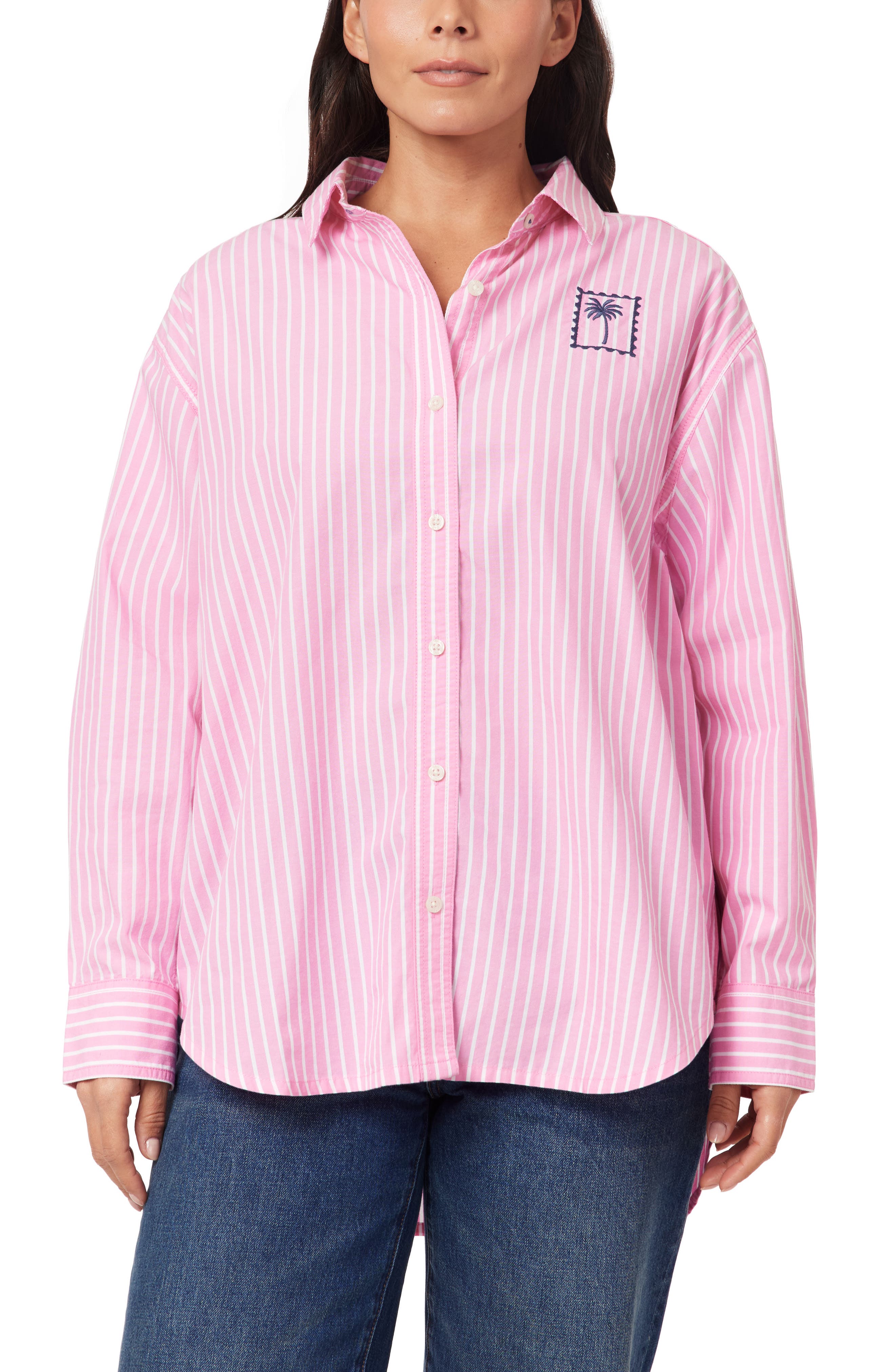Alaina Oversize Embroidered Stripe Button-Up Shirt (Women