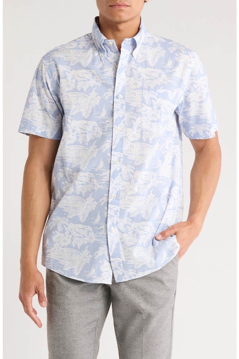 Regular Tropical Print Short Sleeve Cotton Button-Down Shirt, Main, color, LIGHT BLUE TROPICAL