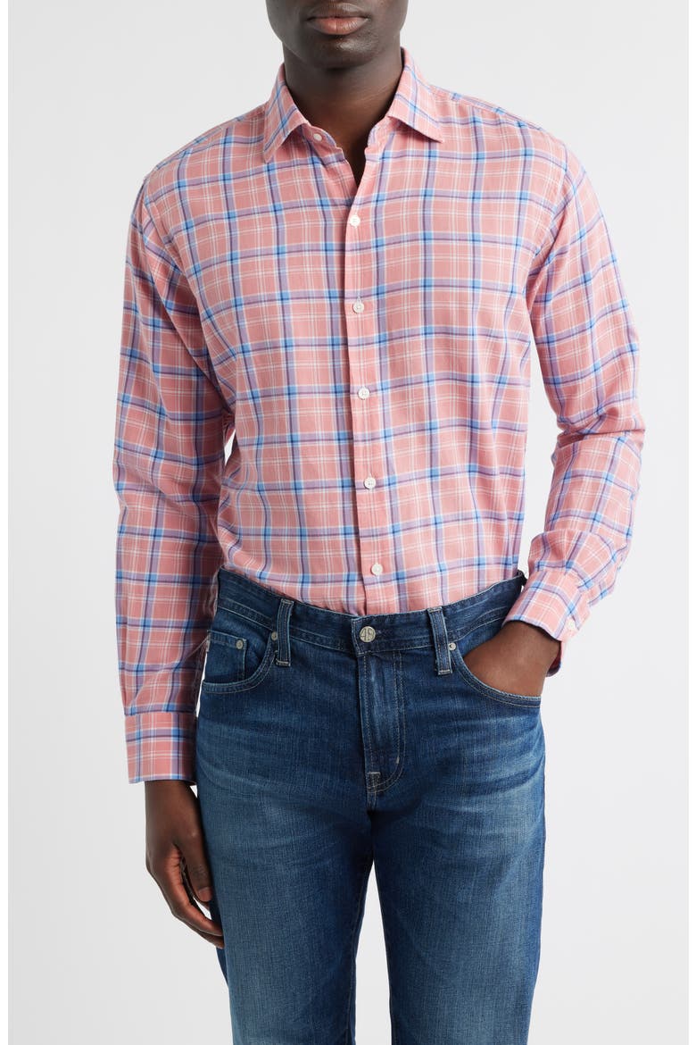 Triton Plaid Cotton & Lyocell Button-Up Shirt, Main, color, VENETIAN PINK