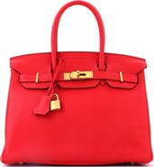 Pre-Owned Hermes Birkin Handbag Red Clemence with Gold Hardware 30