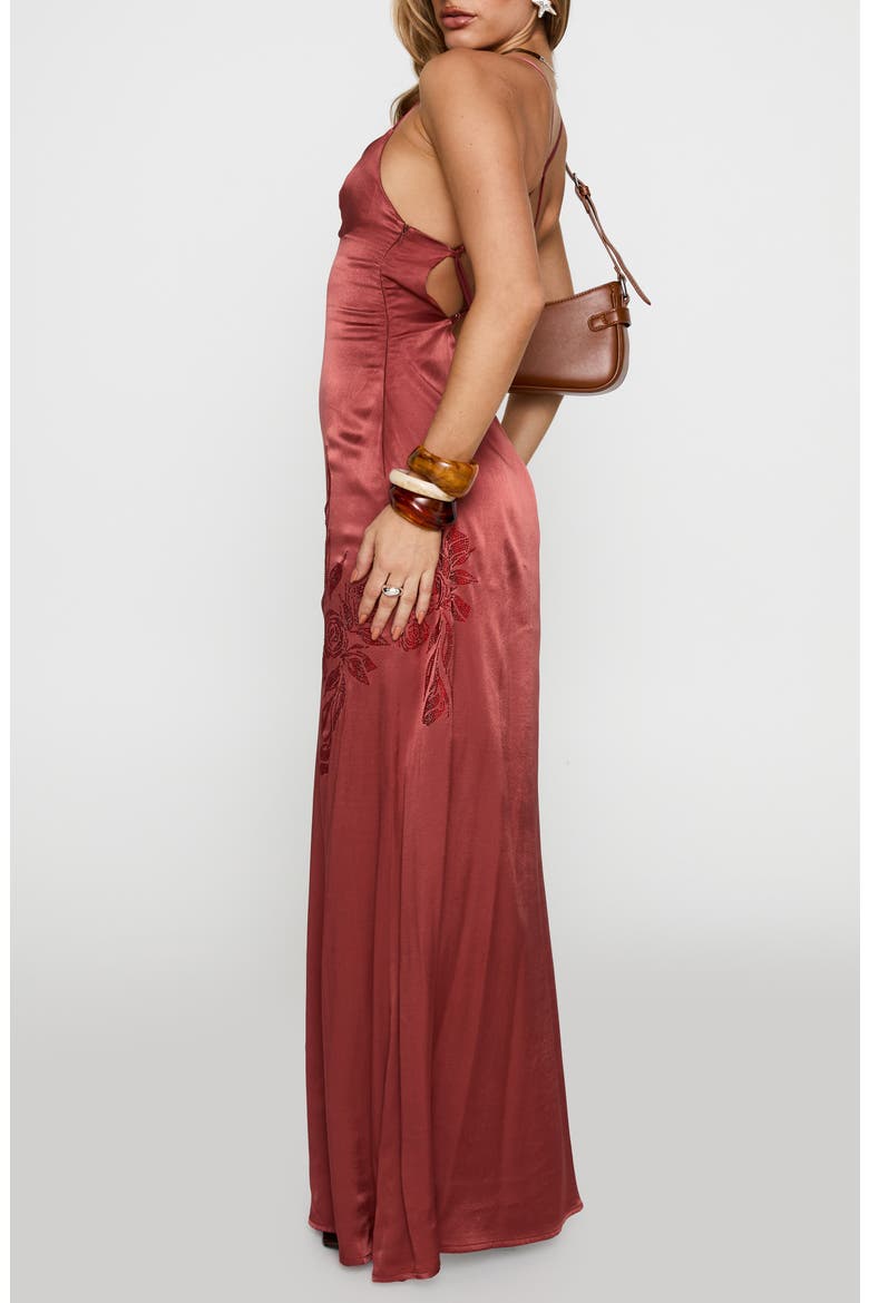 Catch You Up Bead Detail Strappy Back Satin Gown, Alternate, color, RED