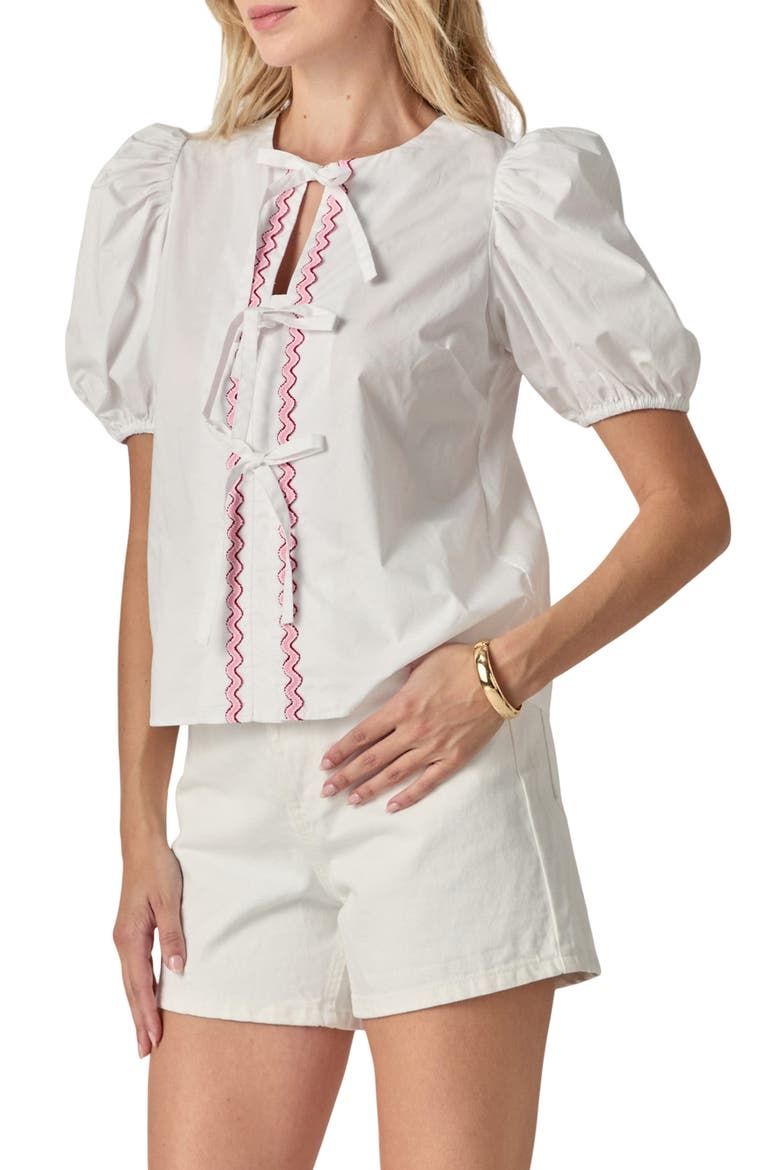 Rickrack Trim Tie Front Cotton Top, Alternate, color, WHITE