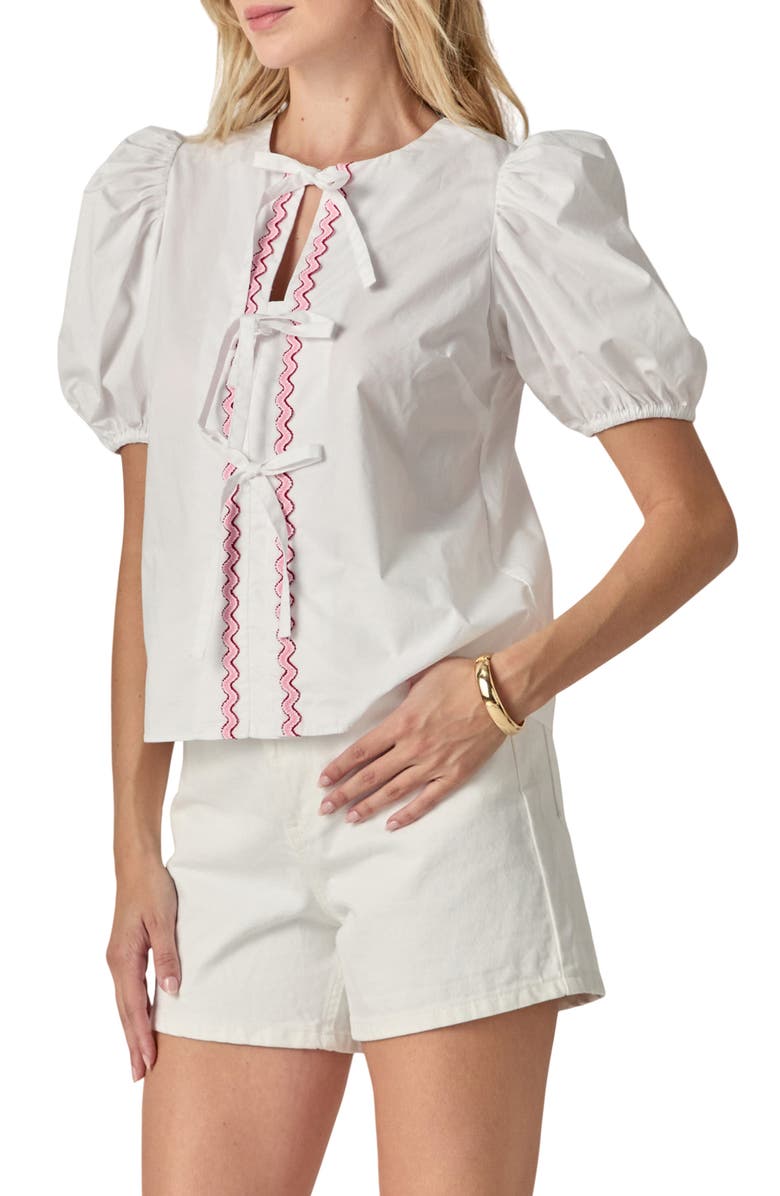 English Factory Rickrack Trim Tie Front Cotton Top, Alternate, color, White