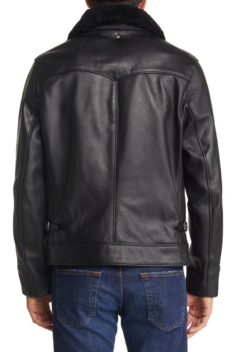 Leather Moto Jacket with Genuine Shearling Trim, Alternate, color, BLACK
