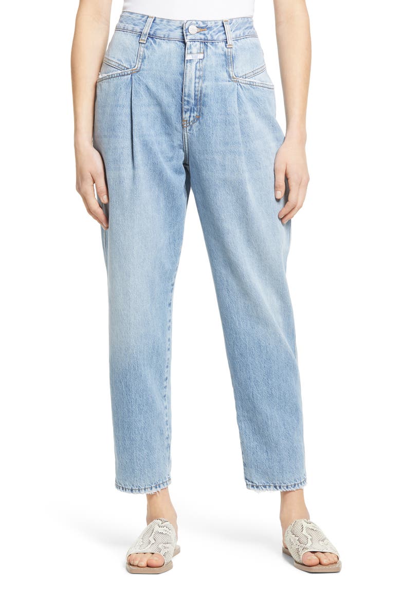 Pearl High Waist Pleated Nonstretch Straight Leg Jeans, Main, color, MID BLUE