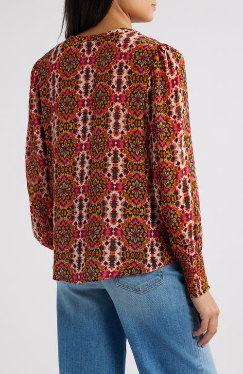 Apny Batik Print Split Neck Top In Red Multi