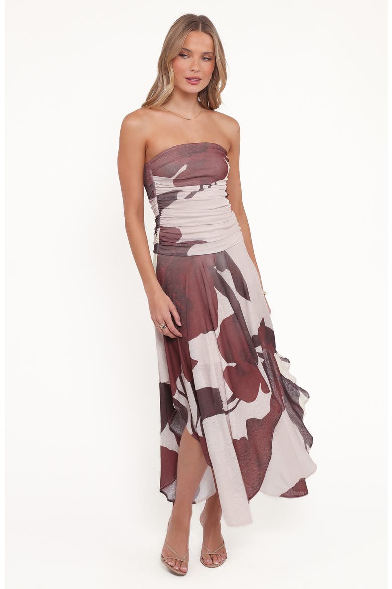 Doreen Strapless Midi Dress, Alternate, color, BROWN FLORAL