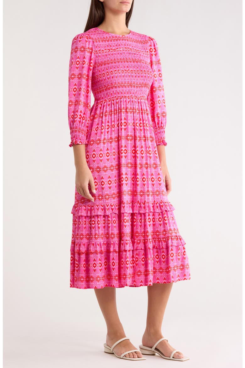 Mirany Ikat Ludlow Smocked Midi Dress, Alternate, color, FUCHSIA/RED