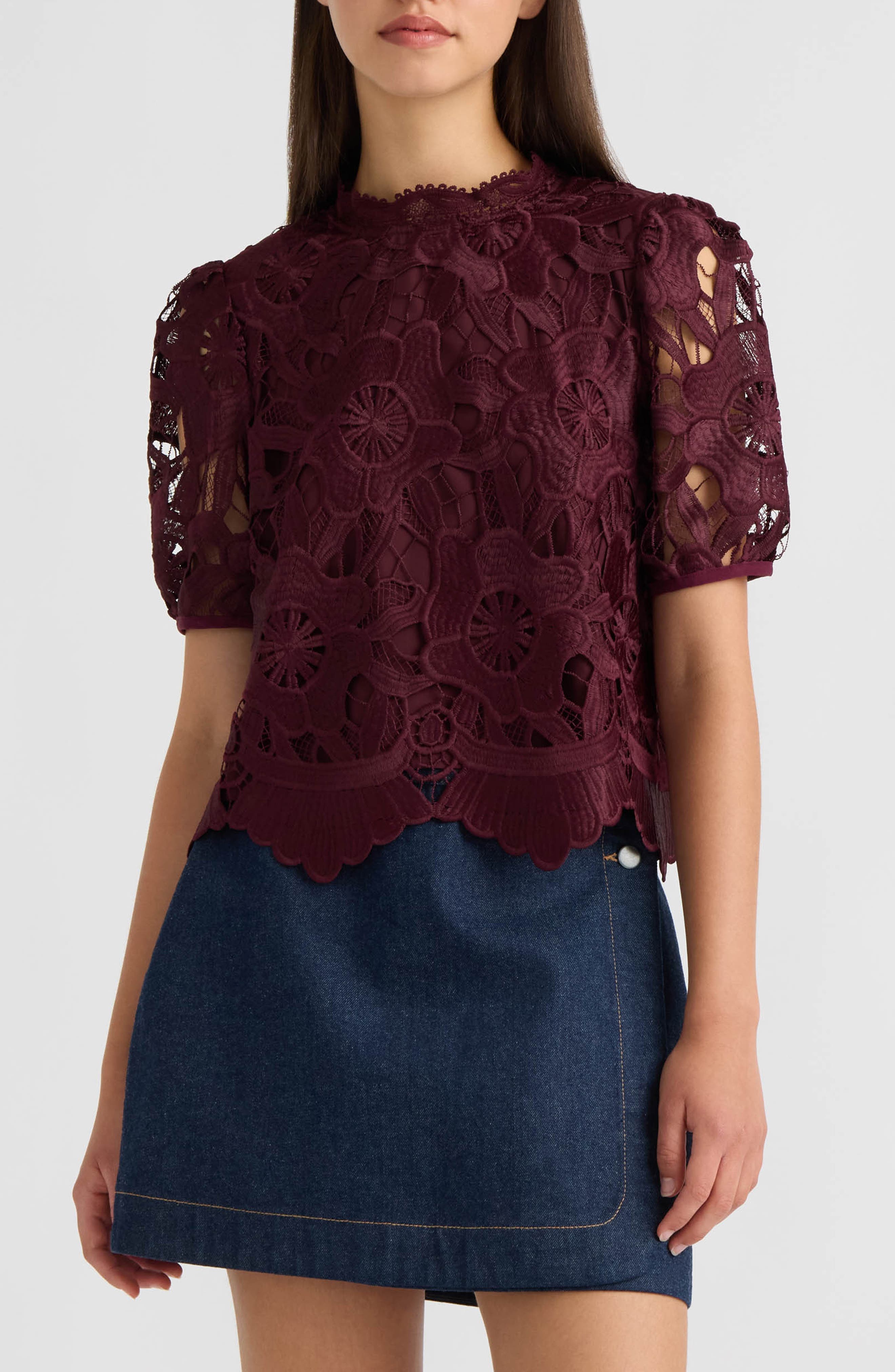 Sequined Lace Top with Puffed Sleeves