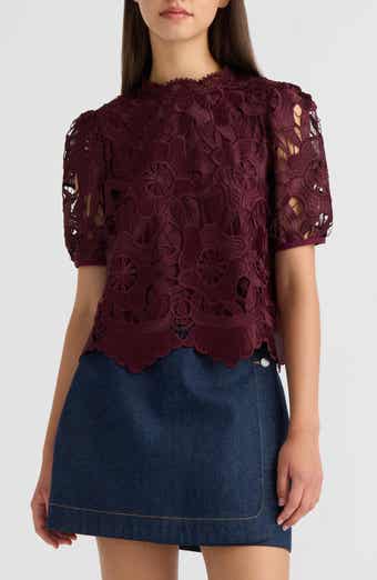 Sequined Lace Top with Puffed Sleeves