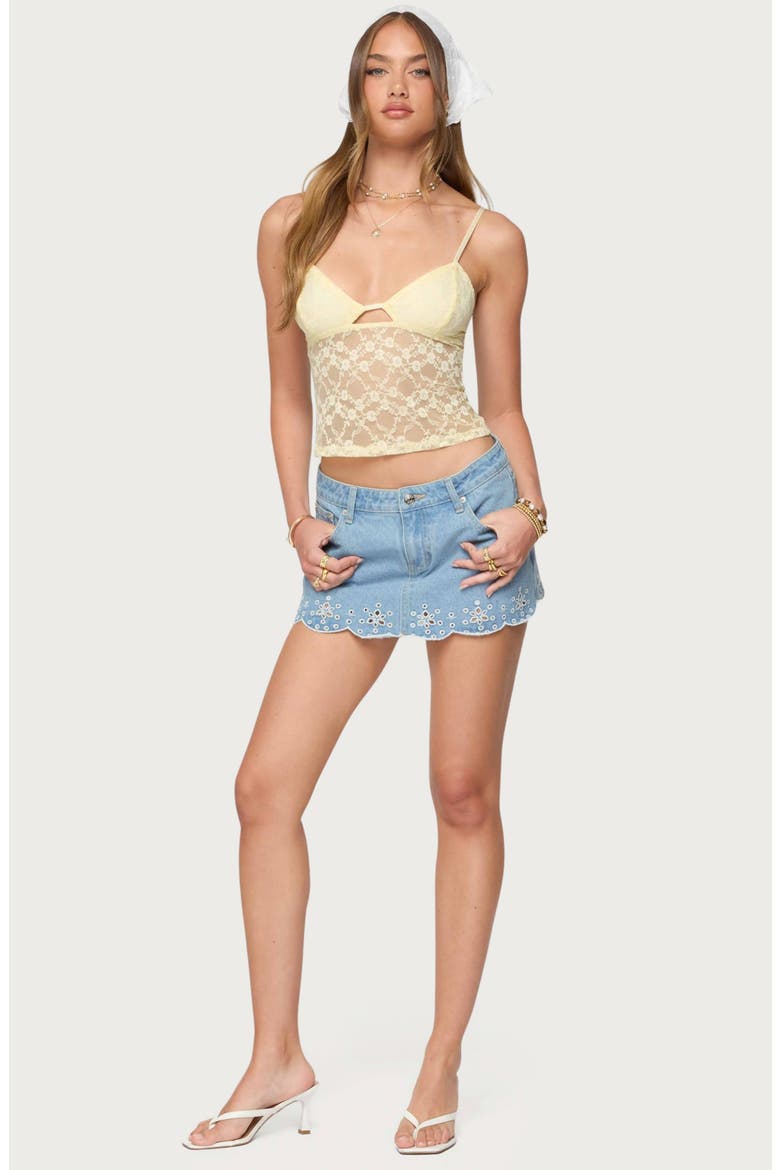 Eyelet Embroidered Scallop Hem Denim Miniskort, Alternate, color, LIGHT-BLUE