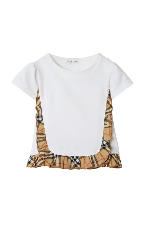 Check Ruffle Stretch Cotton T-shirt