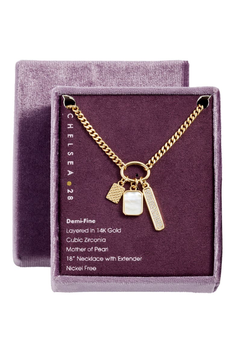 Gift Boxed Pavé Cubic Zirconia & Mother-of-Pearl Charm Necklace, Main, color, WHITE- CLEAR- GOLD