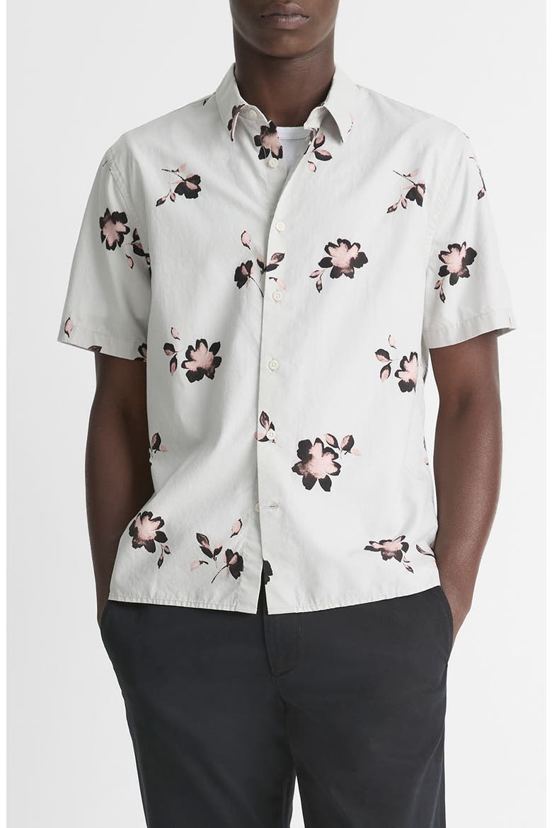 Cascading Floral Short Sleeve Button-Up Shirt, Main, color, DOVE GREY/ PINK HAZE